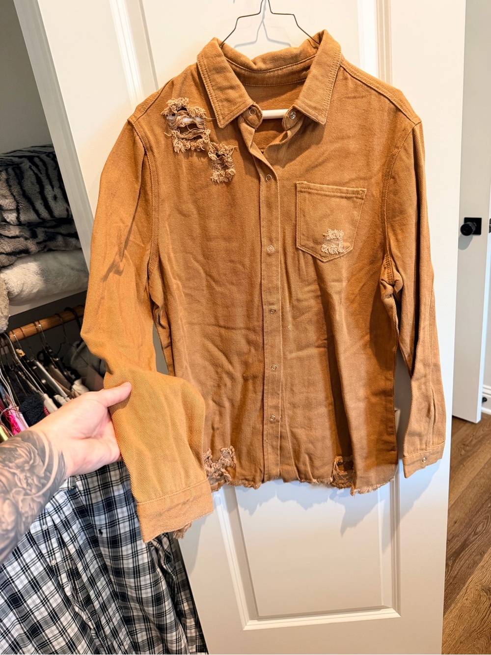 Women's Distressed Corduroy Jean Jacket - Tan
